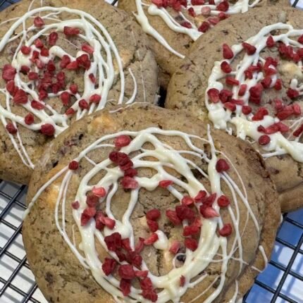 Raspberry & White chocolate swirled with white chocolate and sprinkled with dried raspberry