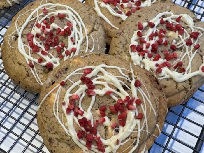 Raspberry & White chocolate swirled with white chocolate and sprinkled with dried raspberry